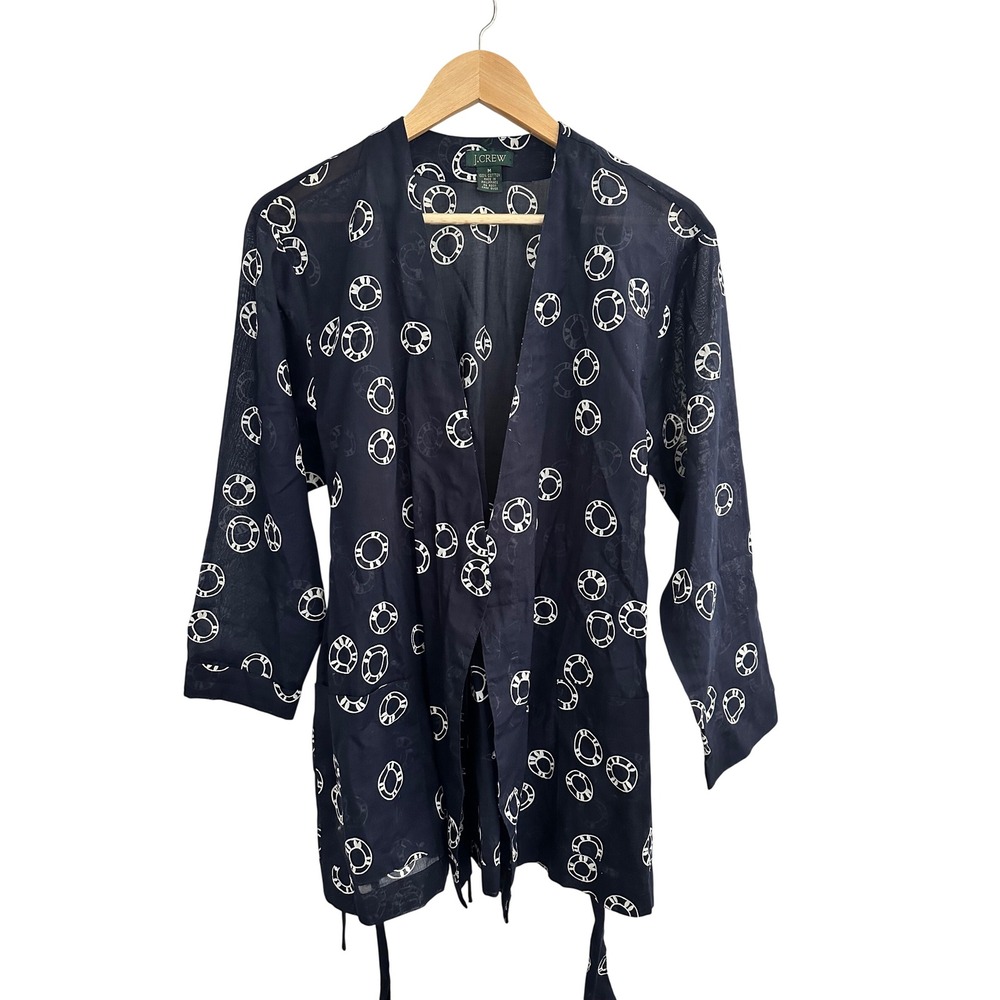 J.Crew Navy Blue Life Preserver Print Cotton Wrap Kimono Cover Up Top Medium